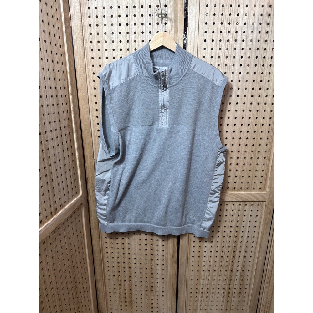 Tommy Bahama Mens XL‎ Gray Quarter Zip Knit Sweater Vest Mixed Media Mock Neck